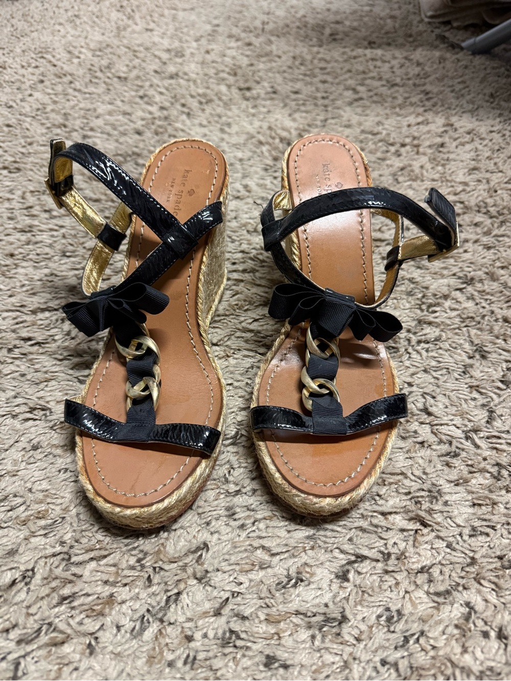 kate spade Black and Gold Wedge Sandals with Bow Detail